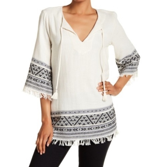 Karen Kane Navy Aztec Fringe Embroidered Tunic